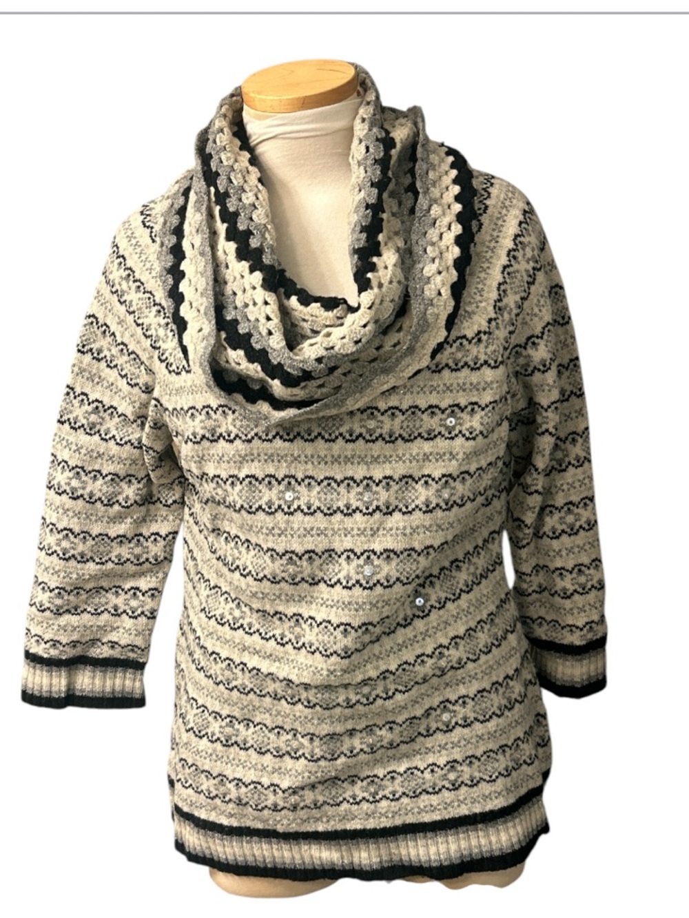 Nine West Vintage  Cream & Black Striped Crochet Cowl Neck Sweater Size Large